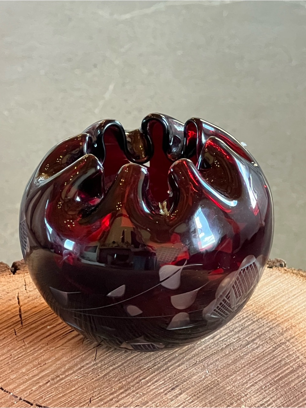 Ruby Red Cut to Clear Bohemian Art Glass Rose Vase